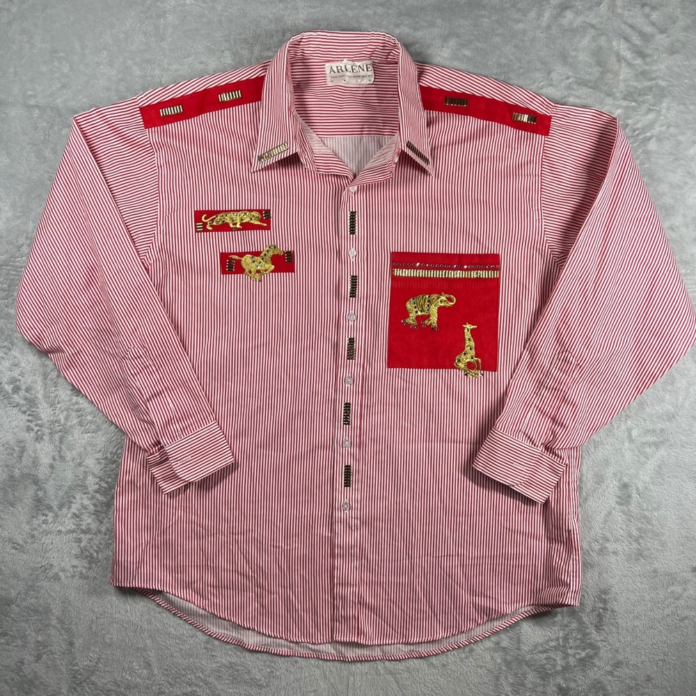 Arlene Red White Striped Safari Animal Rhinestone Button Up Shirt XL Vintage
